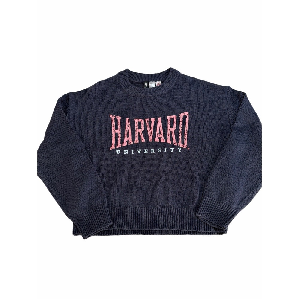 Divided H&M Harvard University Cropped Sweater Navy Blue Spellout Graphic - Med